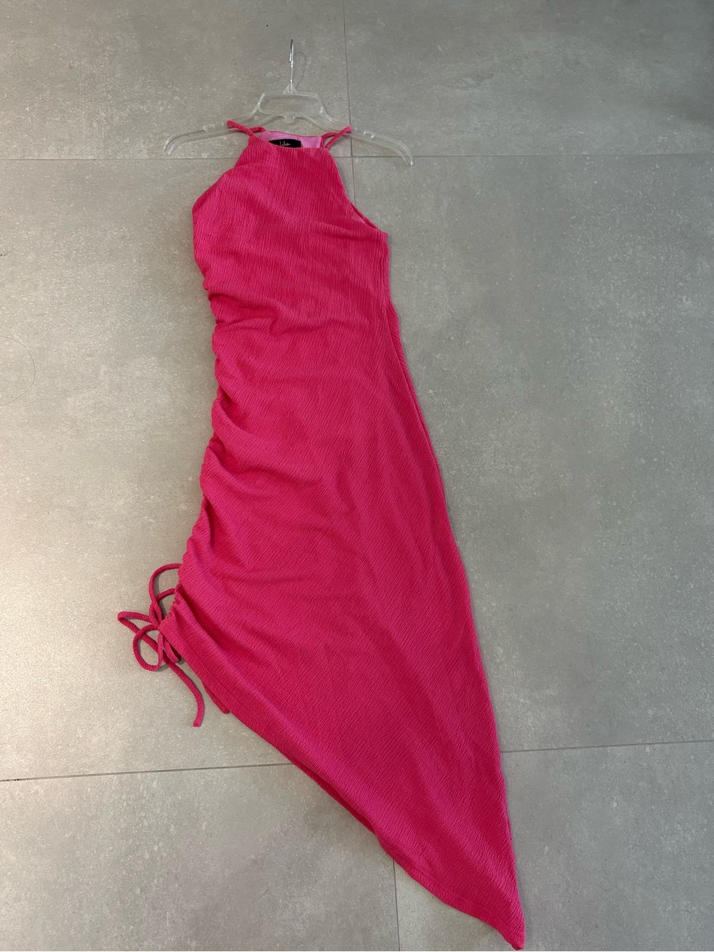 Lulu's Hot Pink Halter Asymmetrical Ruched Dress